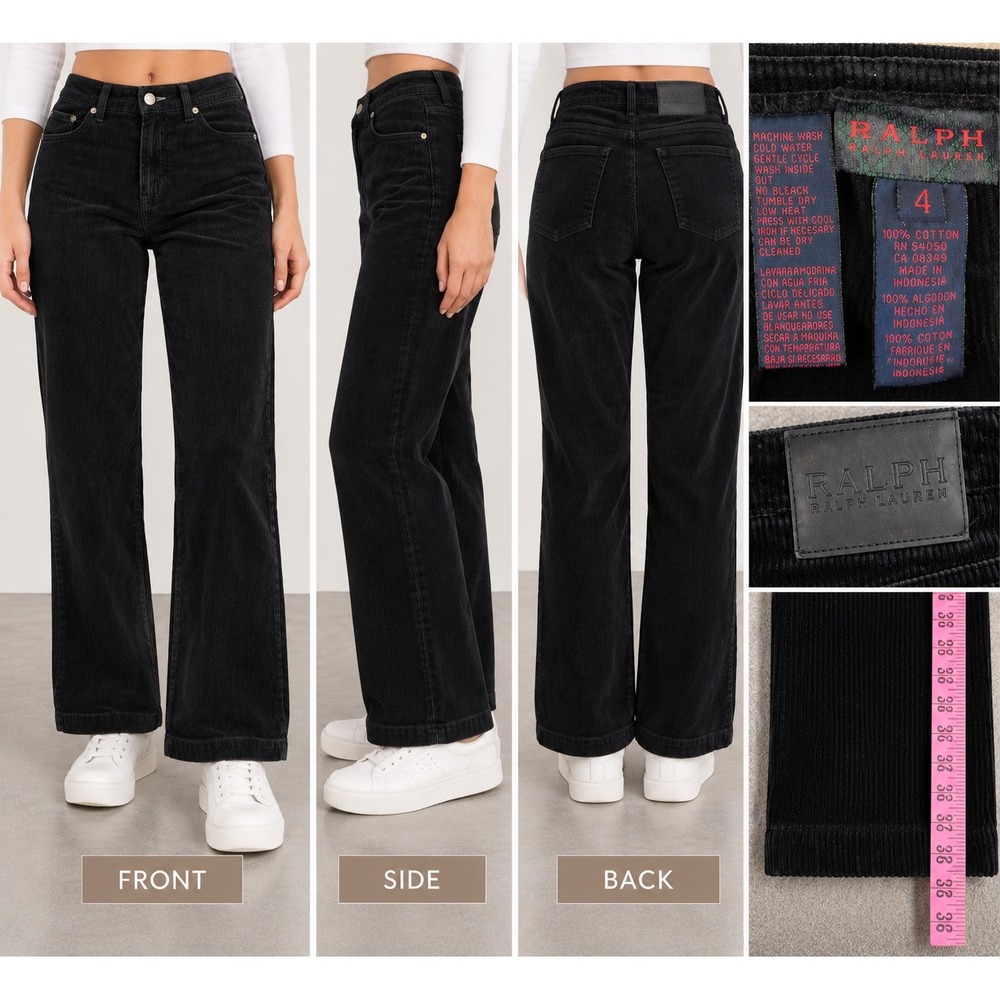 Vintage Ralph Lauren Black Corduroy Pants Bootcut 100% Cotton Size 4 Rare Tag